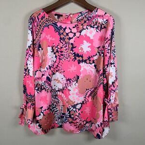 Talbots Pink Floral L/S Bow Accent Button Down Back Blouse Size 2XP